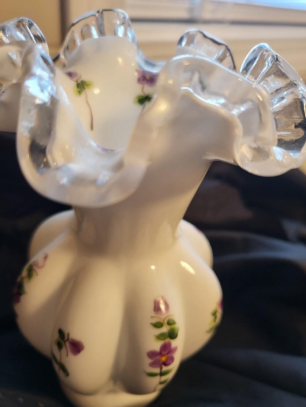Fenton 6 In. White Glass Violets In The Snow Ruffled Vase - Picture 12 of 15